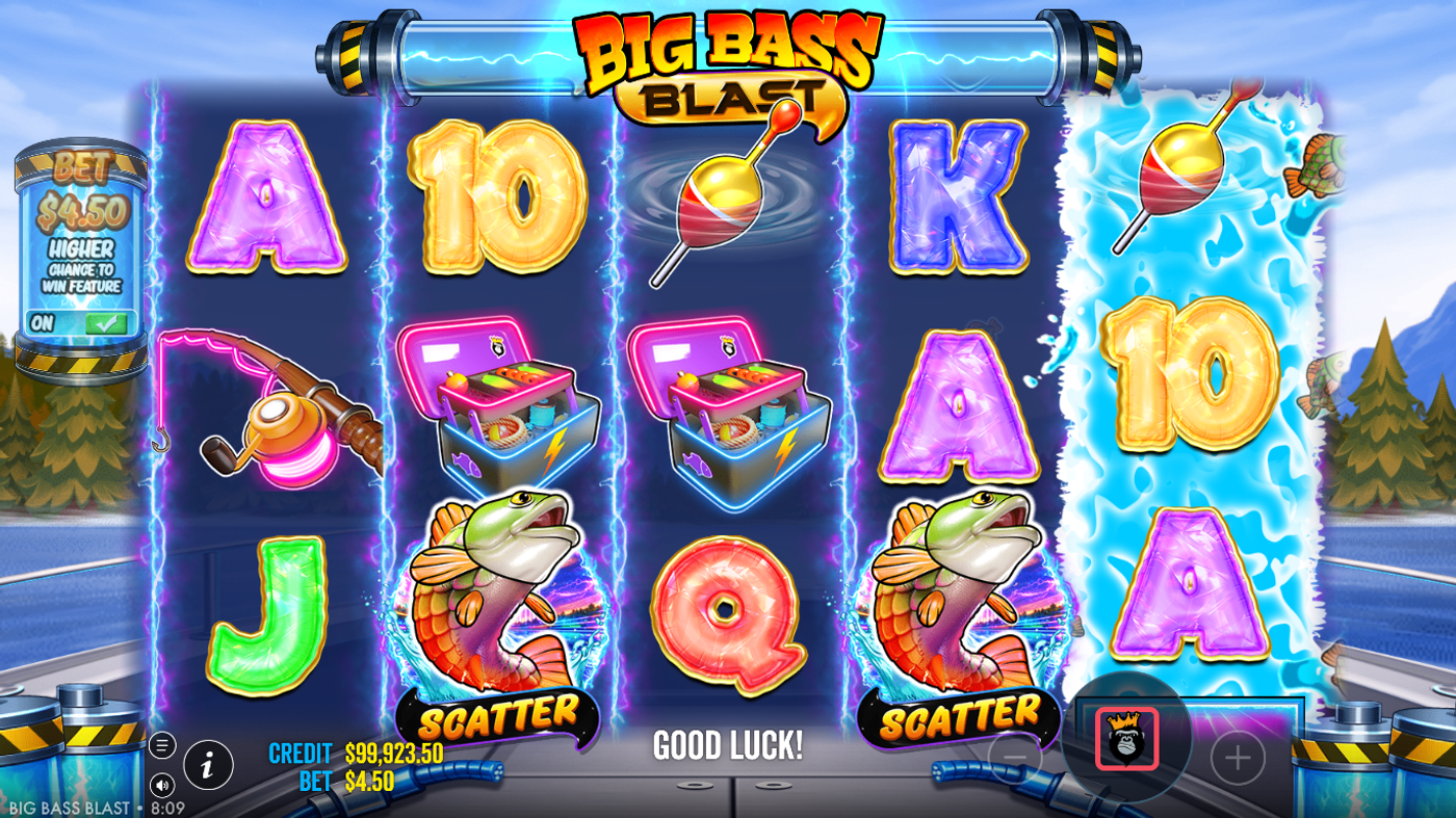 Big Bass Blast gameplay showing scatter symbols on the reels with the higher chance toggle enabled