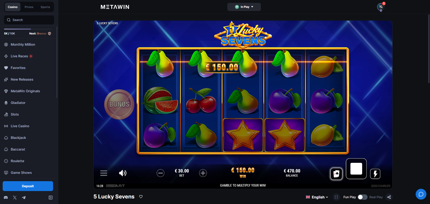 5 Lucky 7's slot gameplay on MetaWin Casino