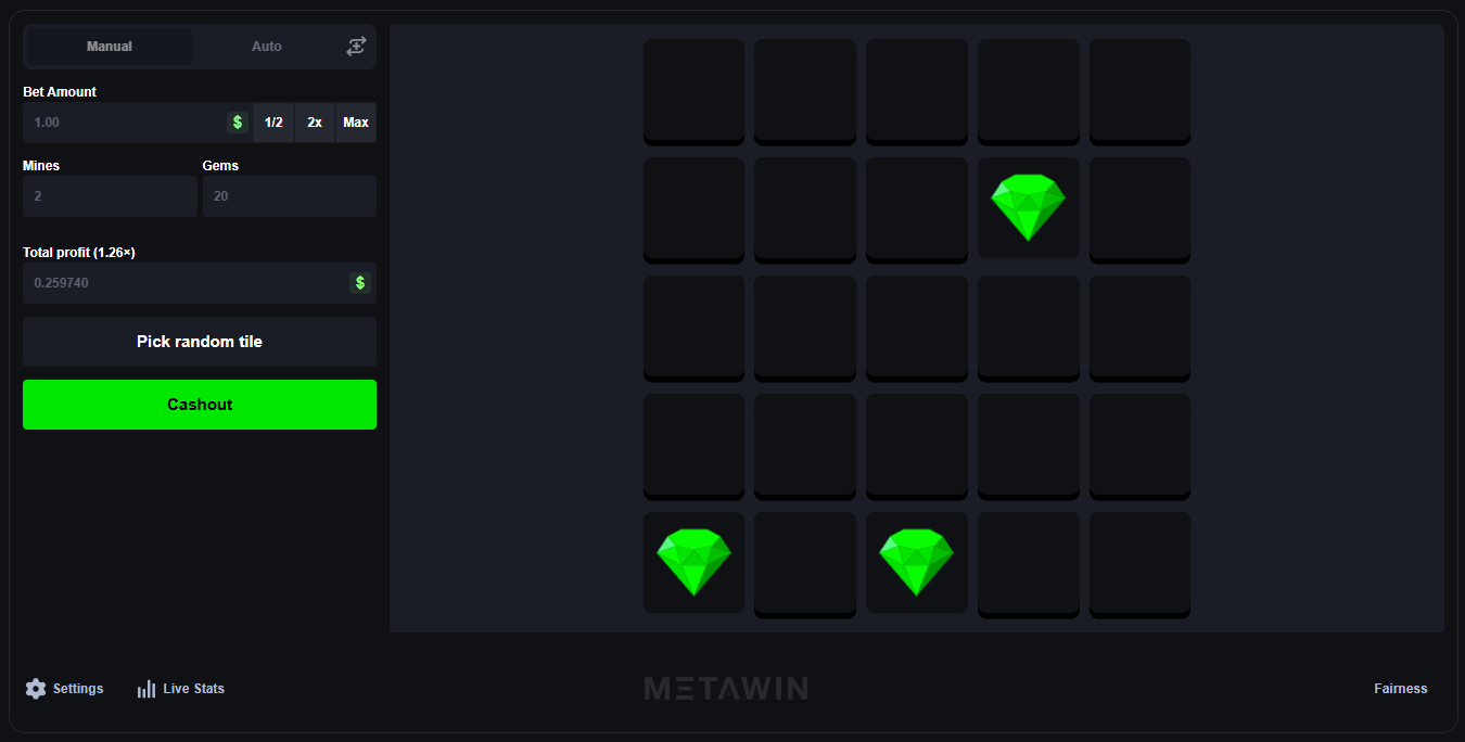 MetaWin Mines with 2 mines and 3 gems revealed, showing a 1.26x multiplier and Total profit