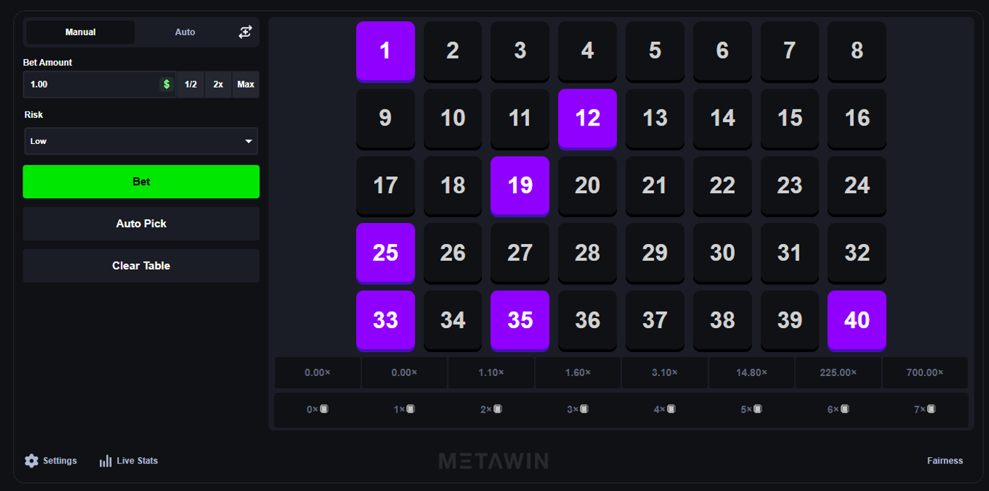Keno at MetaWin Casino