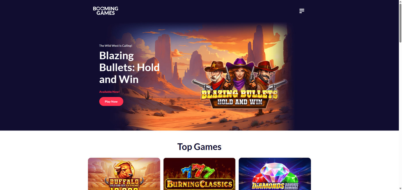 Booming Games official website showcasing their slot portfolio