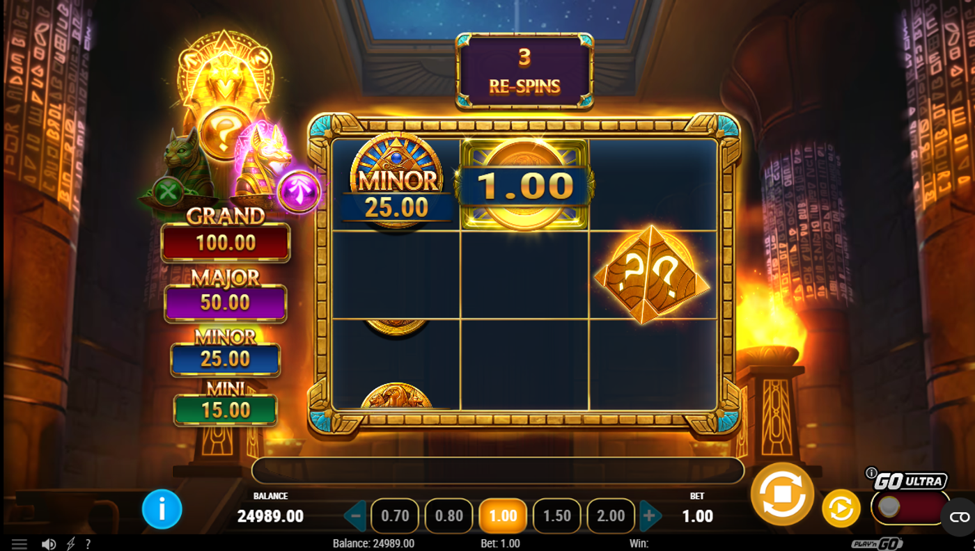 Temple of Three Hold'n Spin feature with re-spins counter and coin values on the grid