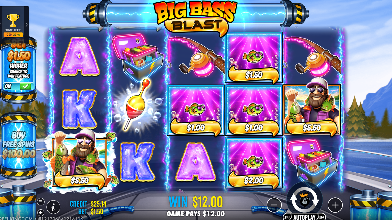 Big Bass Blast Fisherman Wild collecting multiple Fish Money Symbols for a 2.00 win