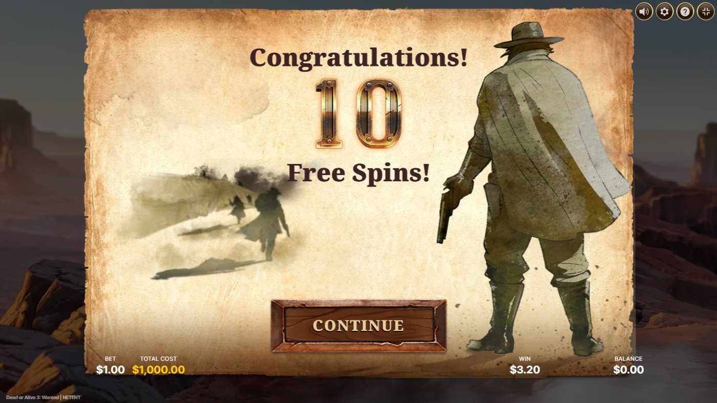 Dead or Alive 3: Wanted free spins congratulations screen showing 10 free spins awarded