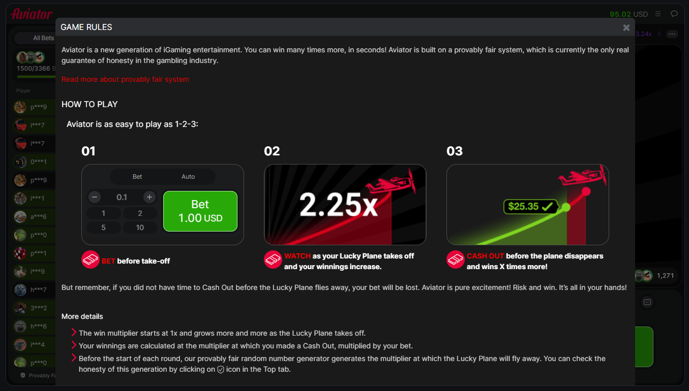 Aviator Game Rules screen showing the three steps: bet, watch and cash out