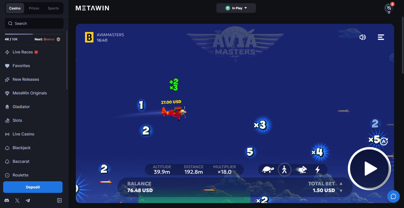 Aviamasters crash game running on MetaWin Casino