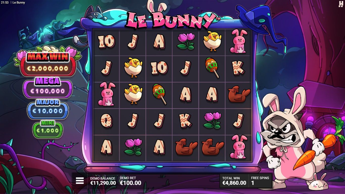 Le Bunny base game showing the 6x5 cluster pays grid with Easter-themed symbols and jackpot tiers