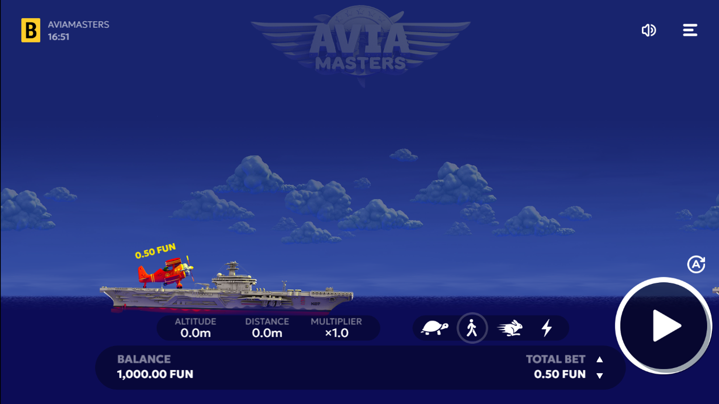 Aviamasters gameplay showing biplane takeoff with 1.0x multiplier, altitude and distance meters