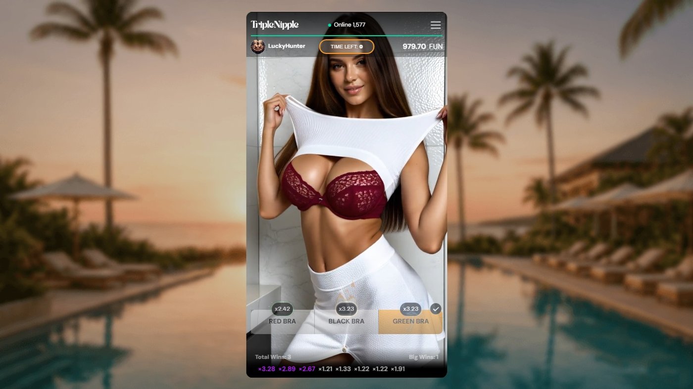 Triple Nipple reveal showing a winning result with the chosen bra color matching the selection