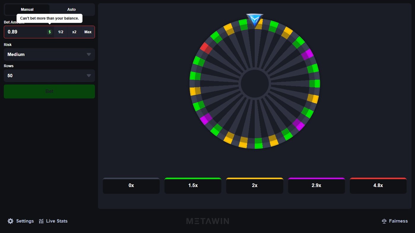 MetaWin Wheel on Medium risk with 50 segments showing a colourful wheel with multipliers from 0x to 4.8x