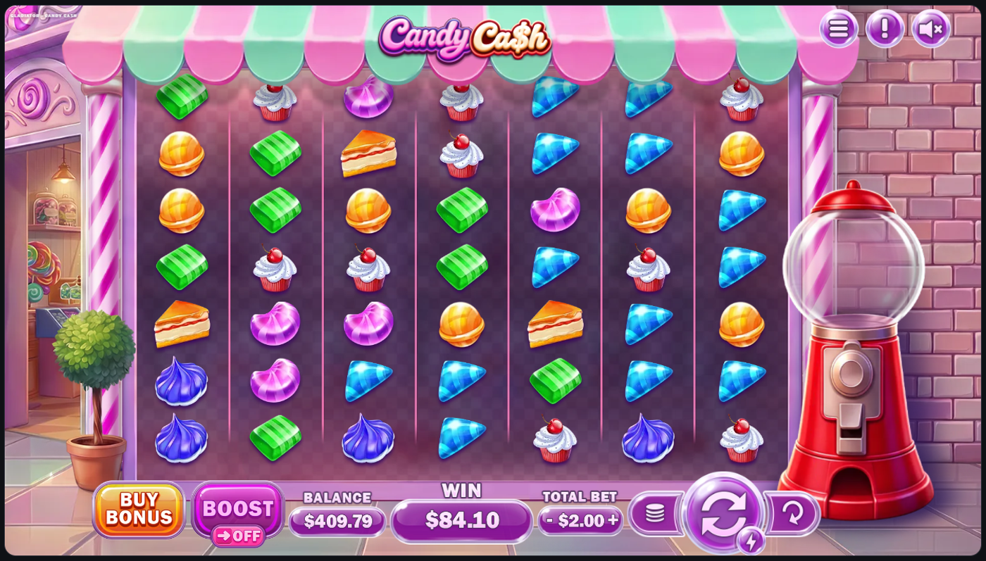 Candy Cash base game showing the 7x7 grid with candy symbols, $84.10 win, and gumball machine on the right