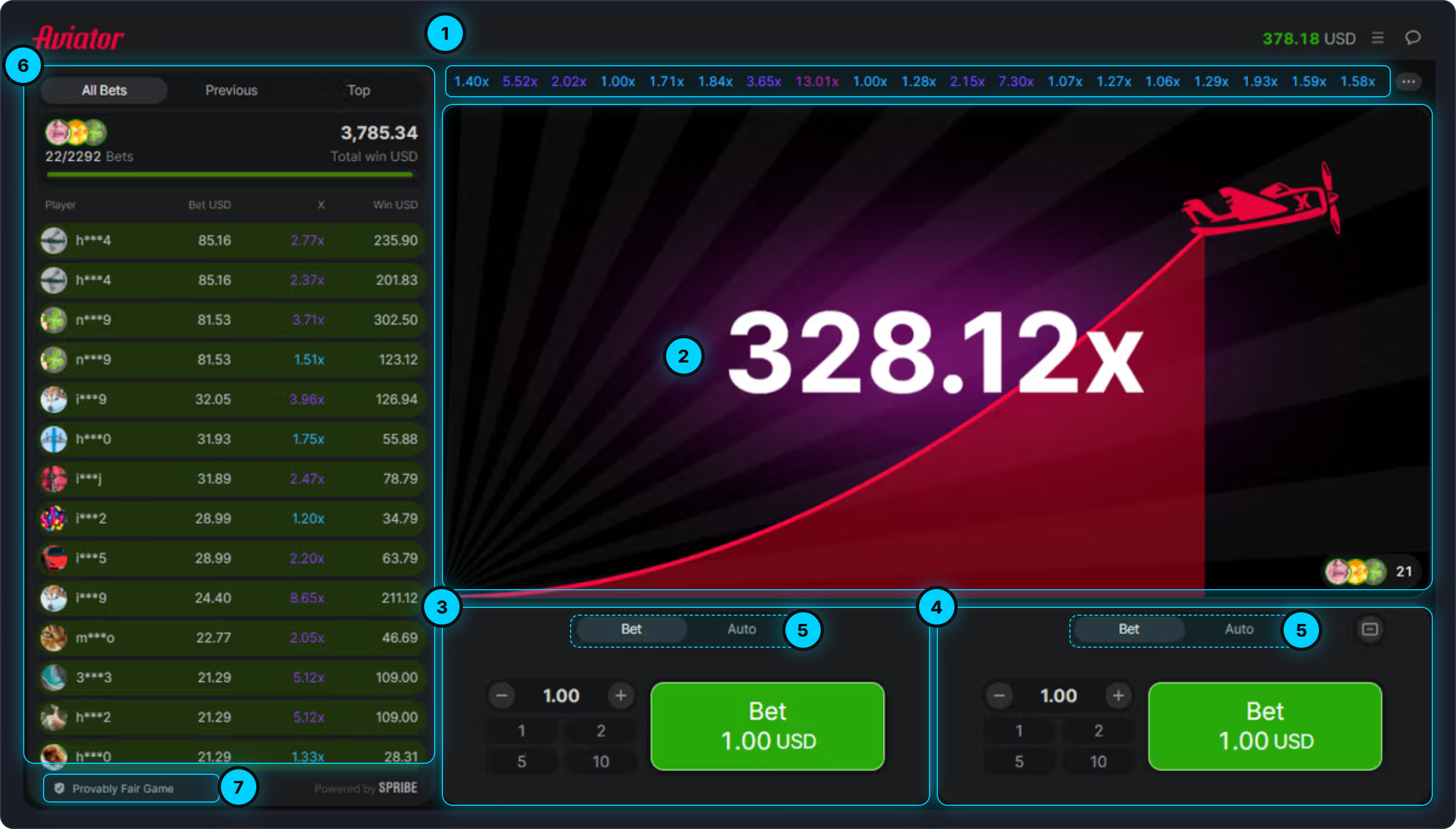 Annotated Aviator game screen with seven numbered elements