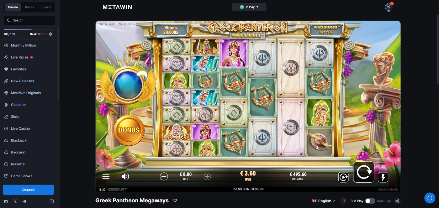 Greek Pantheon Megaways slot gameplay on MetaWin Casino