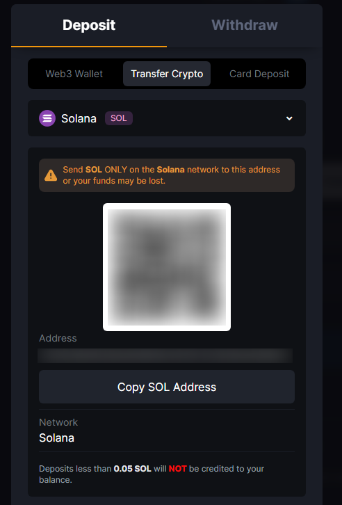 MetaWin Transfer Crypto screen showing Solana deposit address and QR code