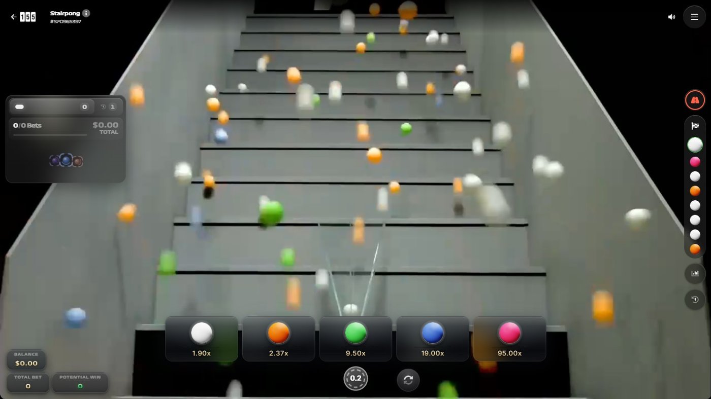 Stairpong mid-race showing balls bouncing and colliding as they tumble down the staircase