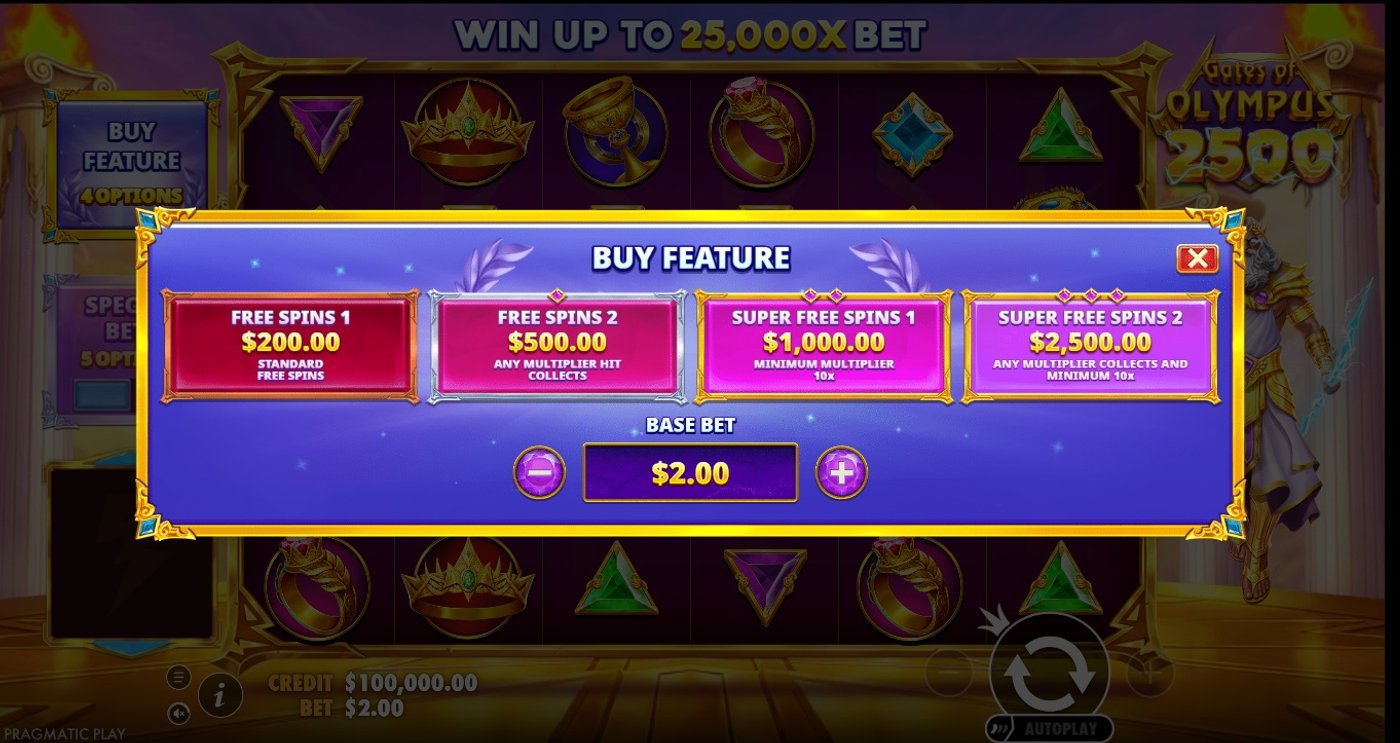 Gates of Olympus 2500 Buy Feature menu with four Free Spins options from 100x to 1,250x the bet