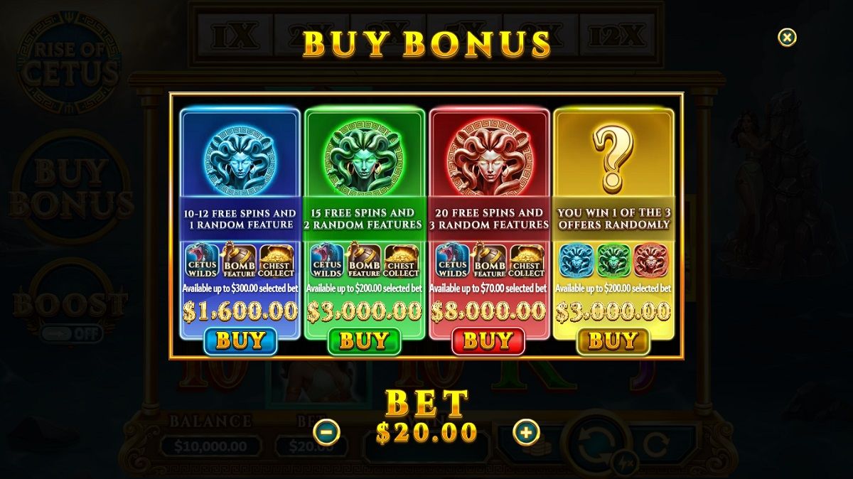 Rise of Cetus buy bonus menu with four purchase options