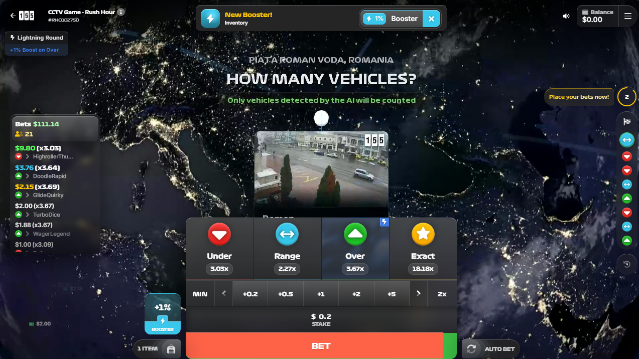 CCTV Game Rush Hour location selection screen showing global map with 'How Many Vehicles?' prompt and bet type options