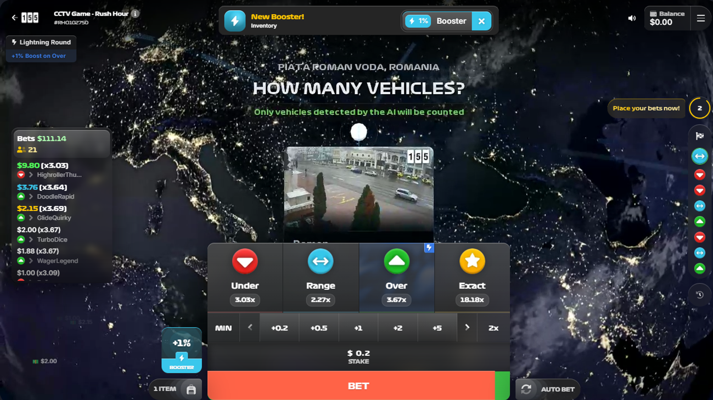 CCTV Game Rush Hour location selection screen showing global map with 'How Many Vehicles?' prompt and bet type options