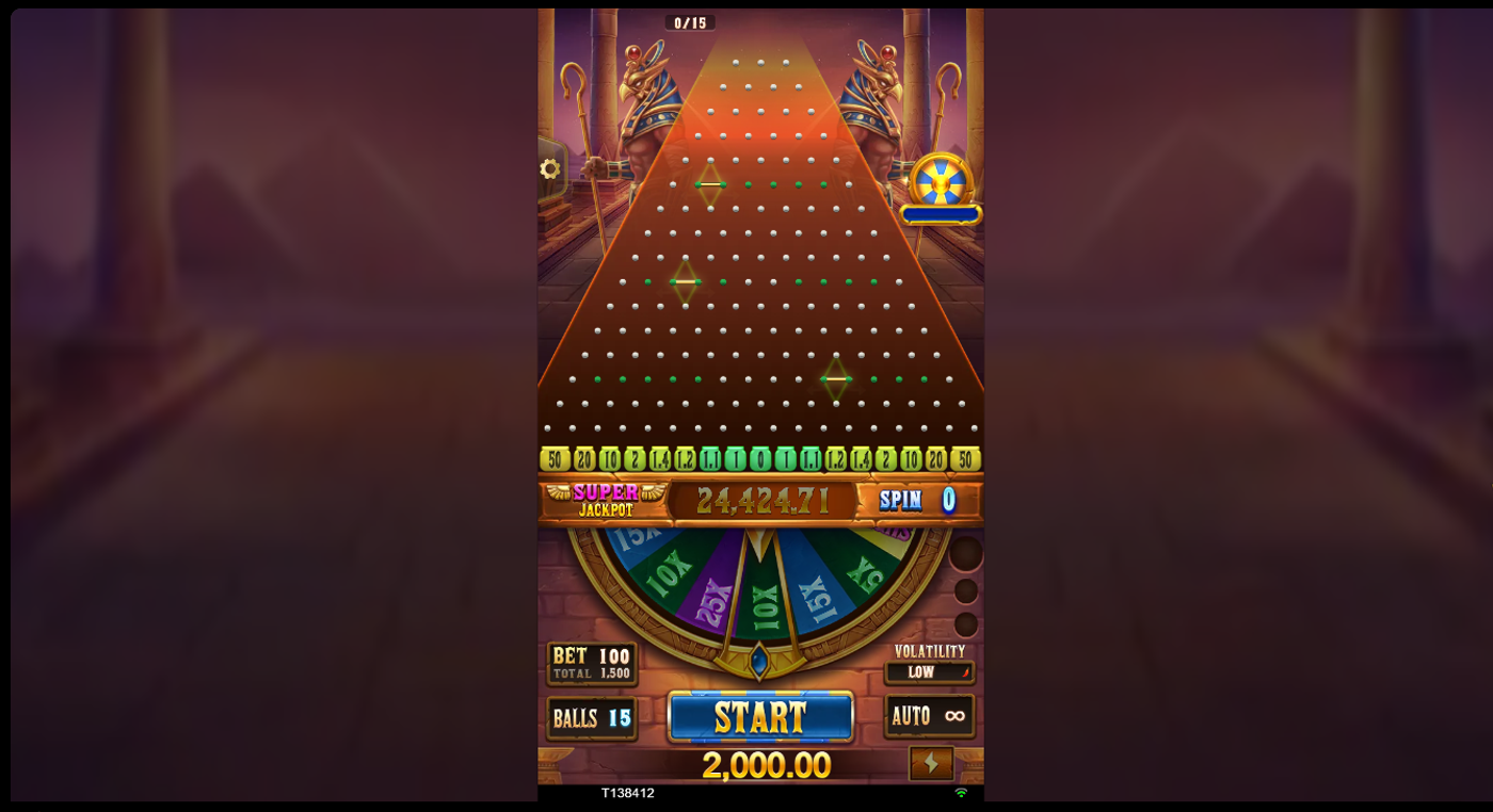 Plinko Empire full board on low volatility showing the Egyptian-themed peg grid, multiplier zones, and Lucky Roulette wheel