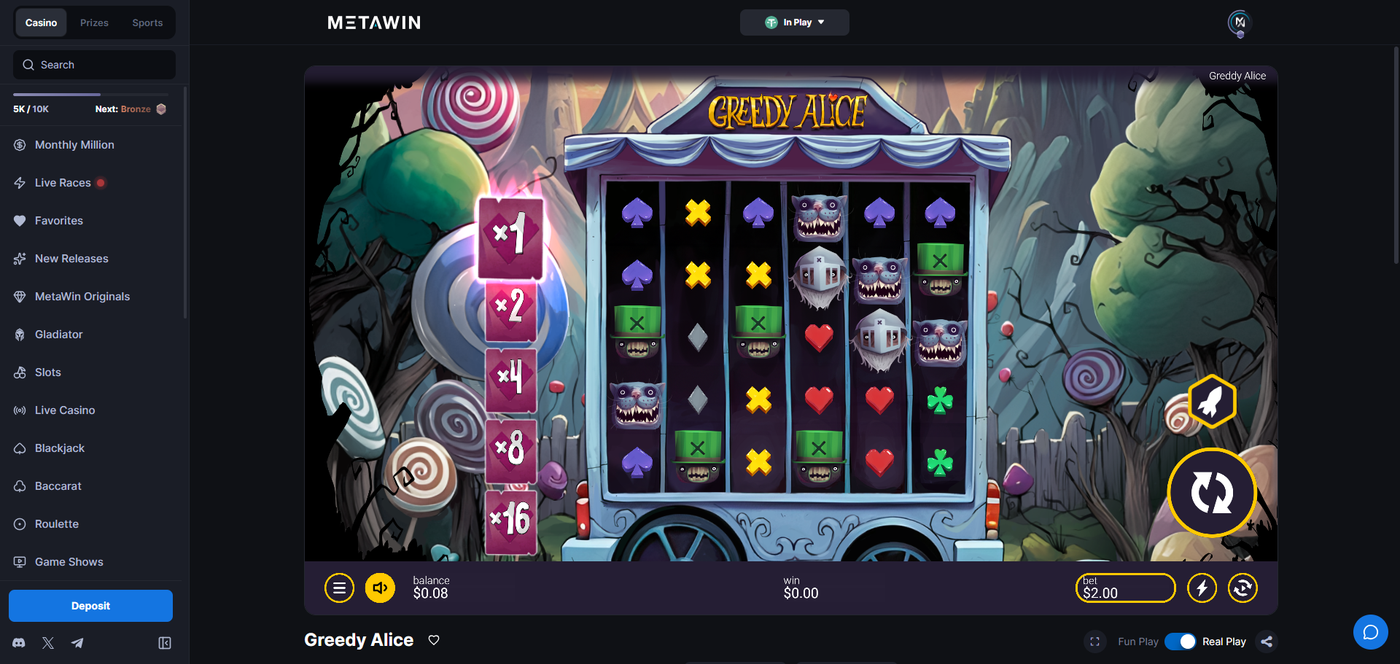 Greedy Alice slot gameplay on MetaWin Casino