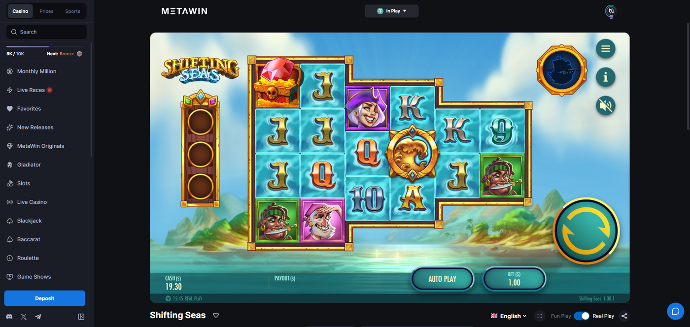Shifting Seas slot gameplay at MetaWin showing the shifting reel grid with pirate theme