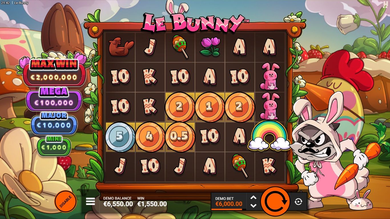 Le Bunny Golden Squares feature active with coin multiplier values across the grid