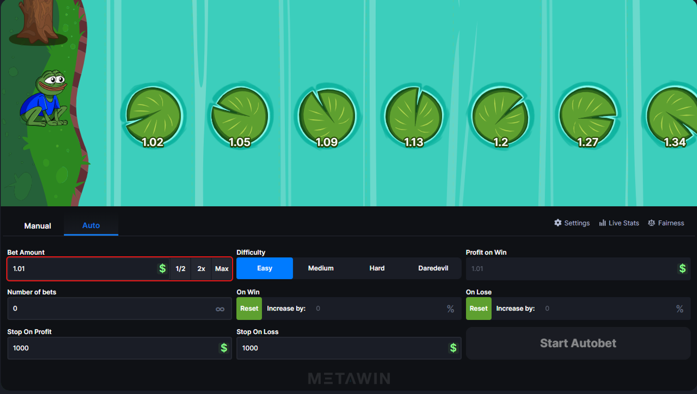 Pepe's River Run showing Pepe on riverbank, lily pad multipliers, and autobet controls