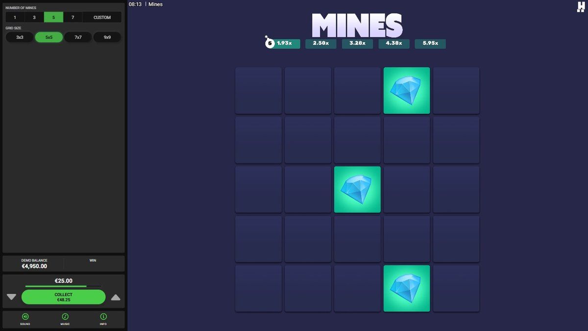 Hacksaw Mines 5x5 grid with five mines and three diamonds revealed and a 1.93x multiplier