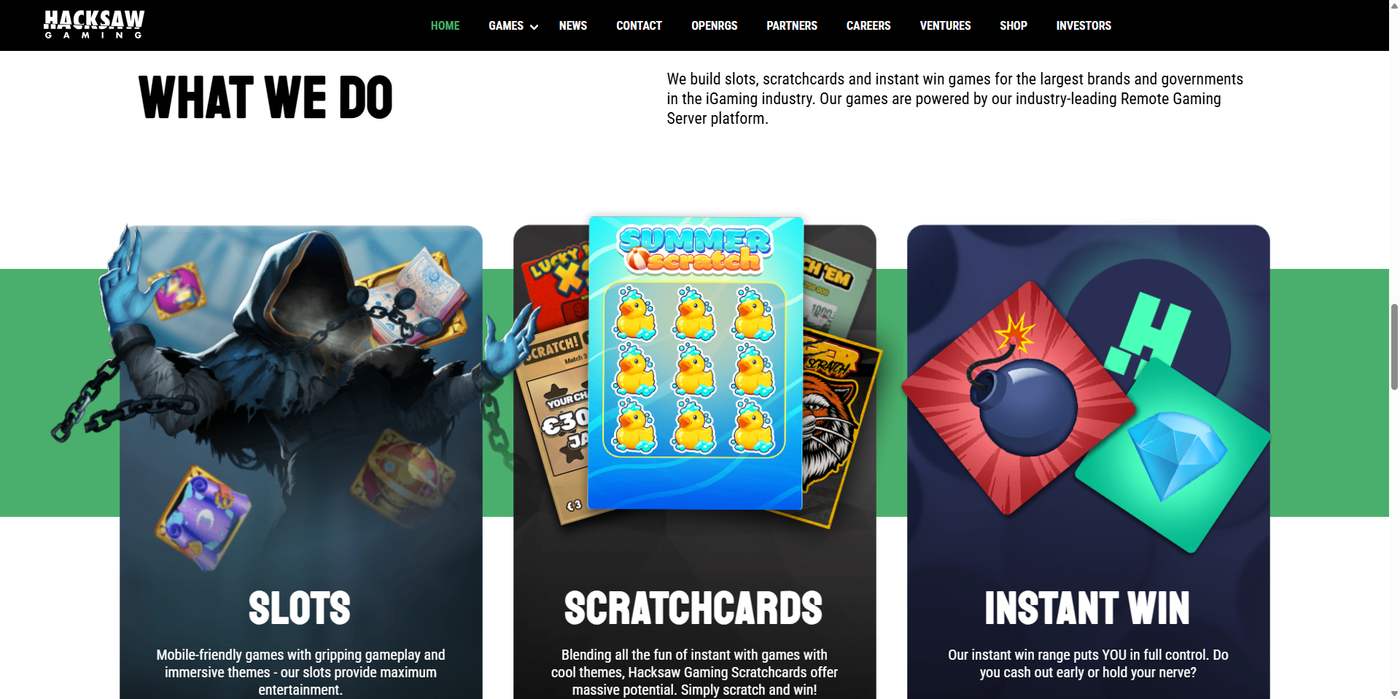 Hacksaw Gaming website showing their three game categories: Slots, Scratchcards, and Instant Win