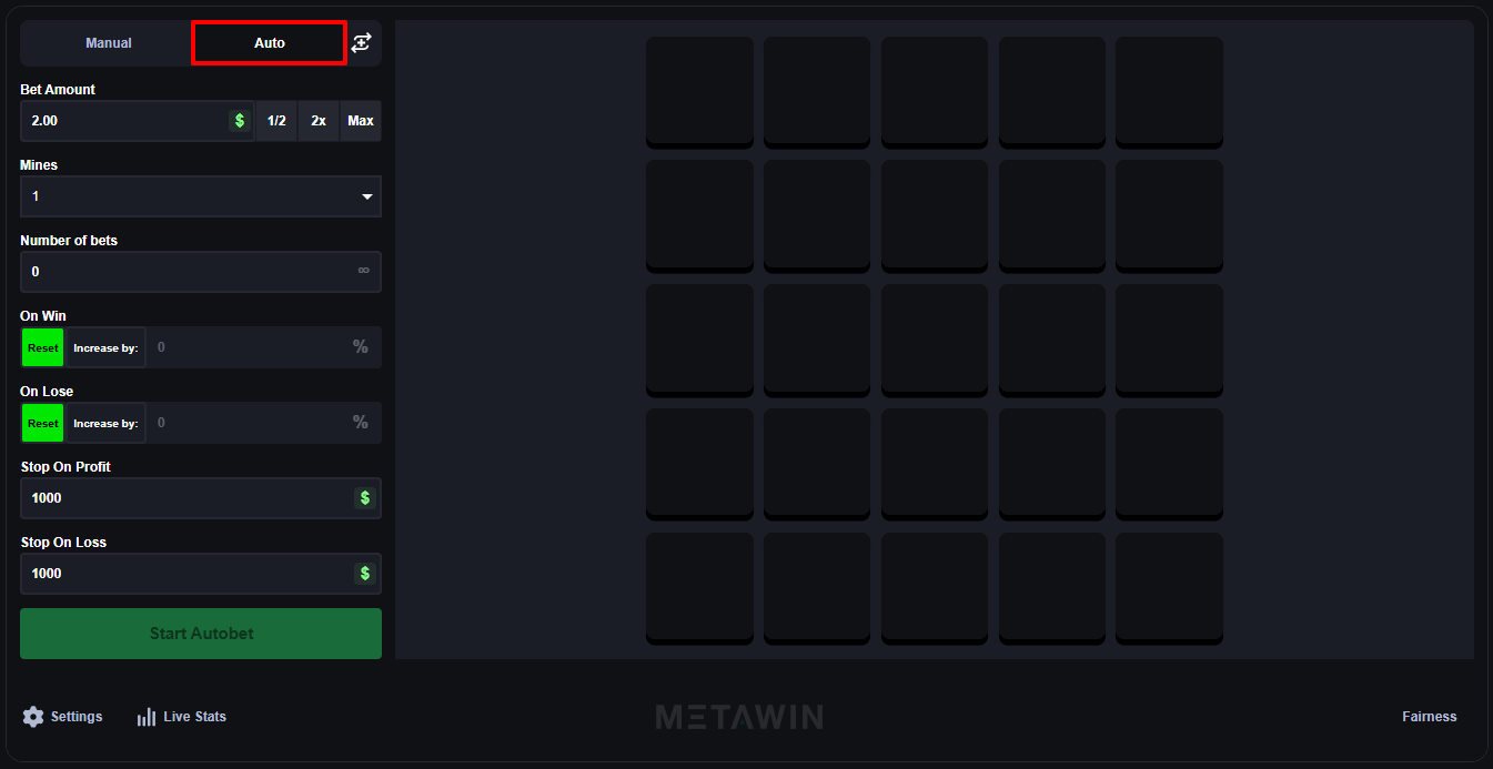 MetaWin Mines Auto tab with Number of bets, On Win, On Lose, Stop On Profit and Stop On Loss fields
