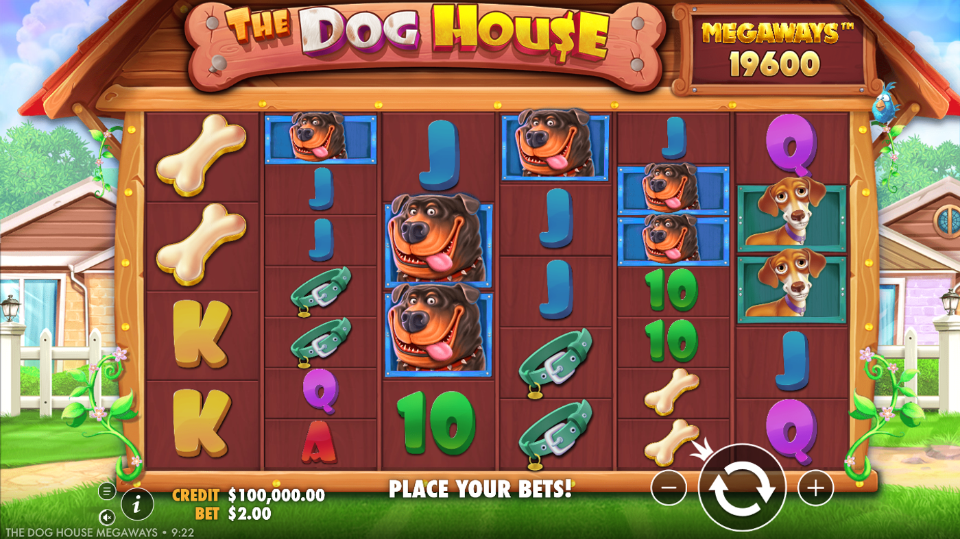 The Dog House Megaways base game showing the 6-reel grid with dog and card symbols