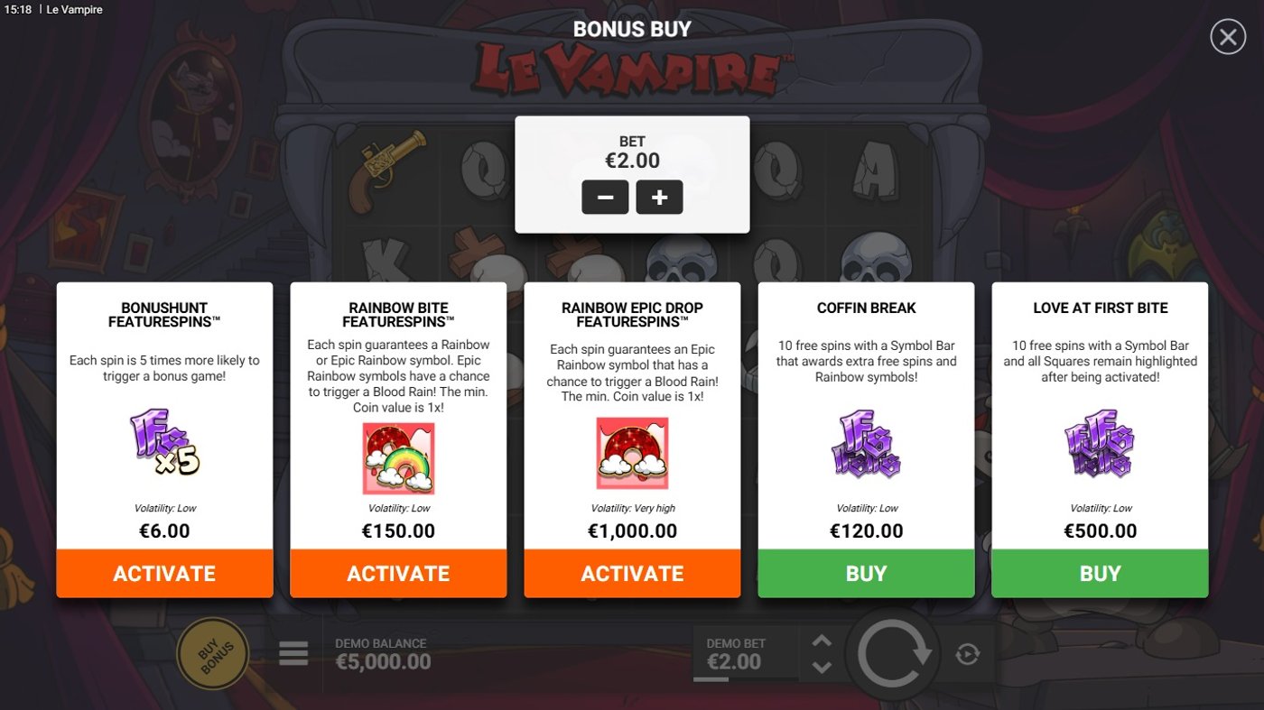 Le Vampire Bonus Buy menu with five purchase options