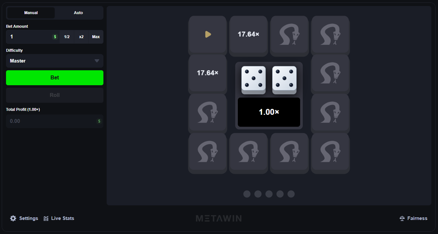MetaWin Snakes Master difficulty board at 1.00x showing dice, snake-filled grid with only two 17.64x multiplier tiles visible