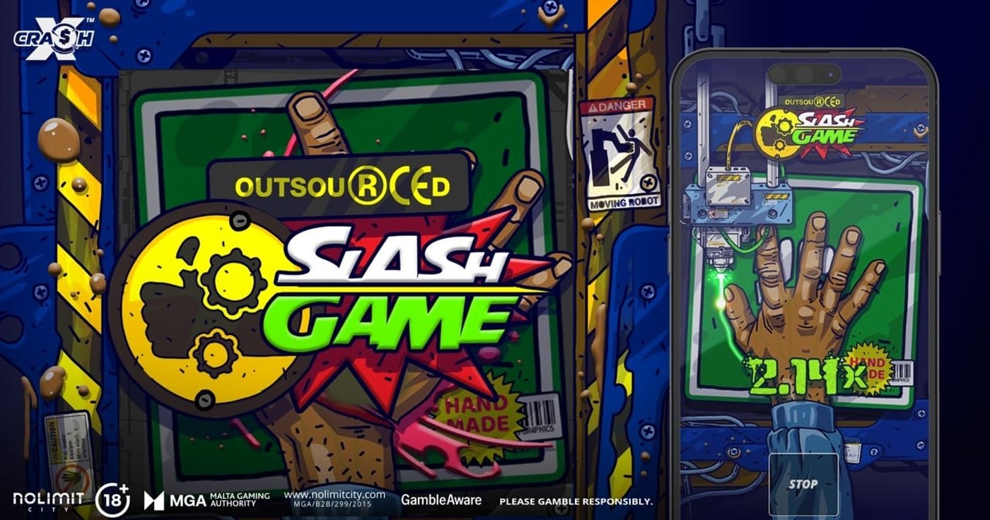 Outsourced: Slash Game promo image showing desktop and mobile gameplay with the xCrash logo