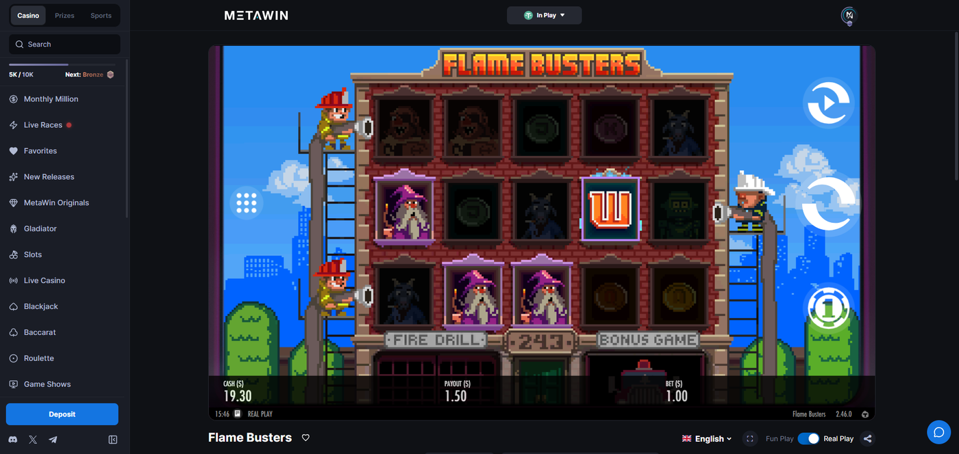 Flame Busters slot at MetaWin showing 8-bit arcade style reels with Fire Drill and Bonus Game meters