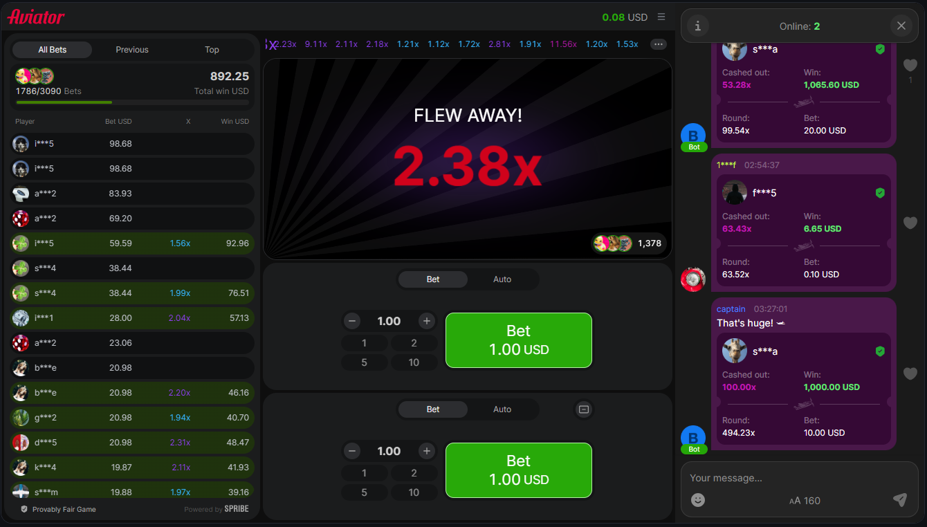 Aviator crash result and player chat