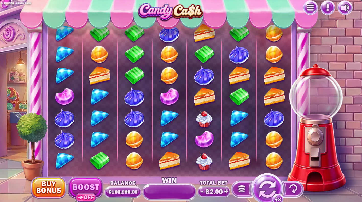 Candy Cash 7x7 grid showing candy symbols with Scatter symbols filling the gumball machine