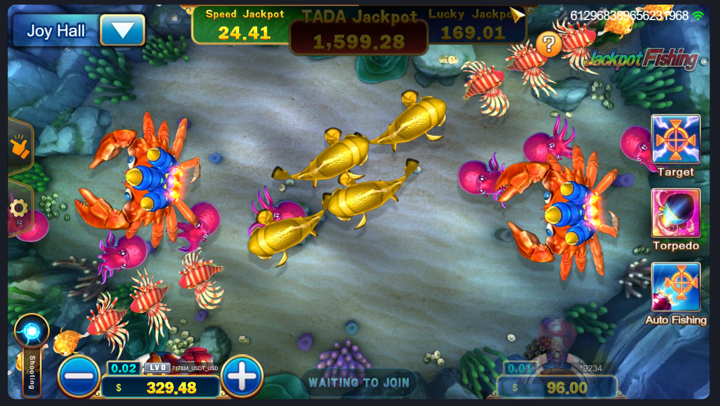 Jackpot Fishing gameplay showing underwater scene with golden fish, crabs, and three progressive jackpot counters