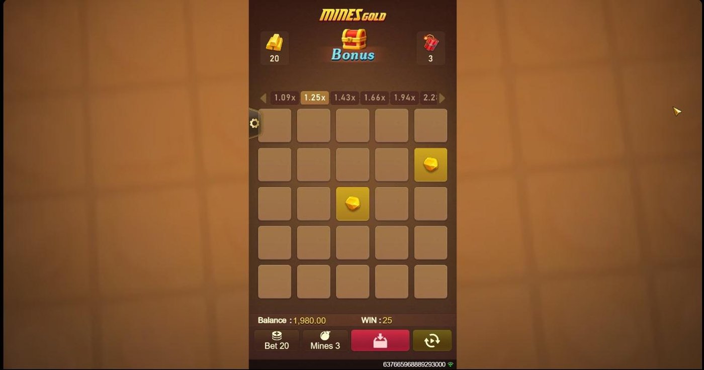 Mines Gold early gameplay showing the 5x5 grid with two gold tiles revealed and cash-out option