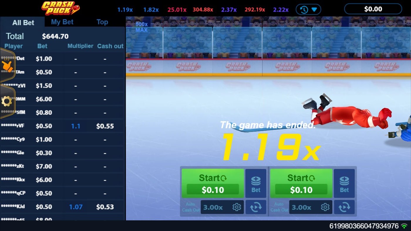 Crash Puck round ending at 1.19x with the Red player tackled on the ice and 'The game has ended' message