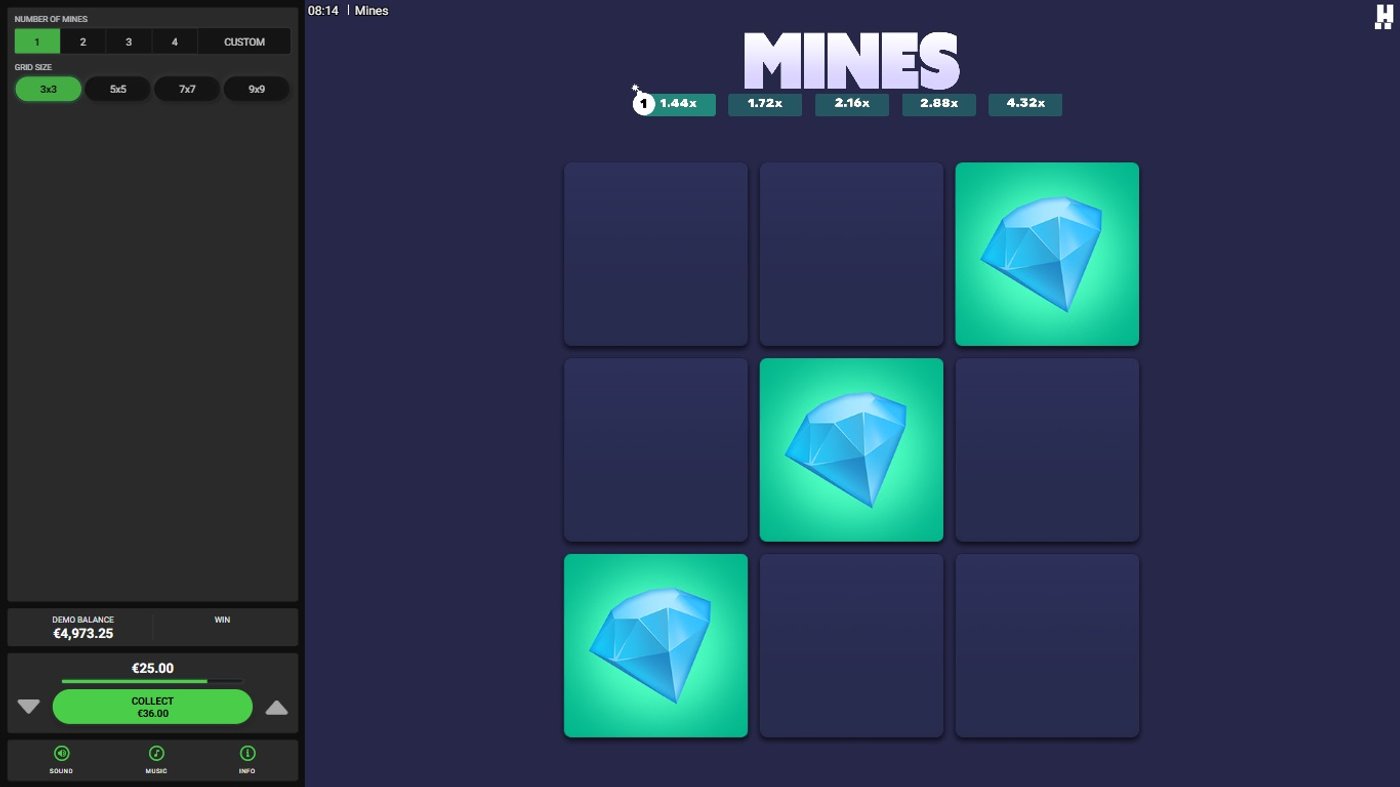 Hacksaw Mines 3x3 grid with one mine and three diamonds revealed, with a Collect button showing the payout