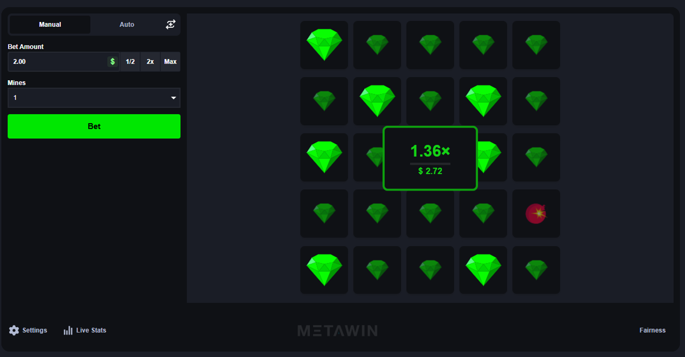 MetaWin Mines mid-round with several tiles revealed