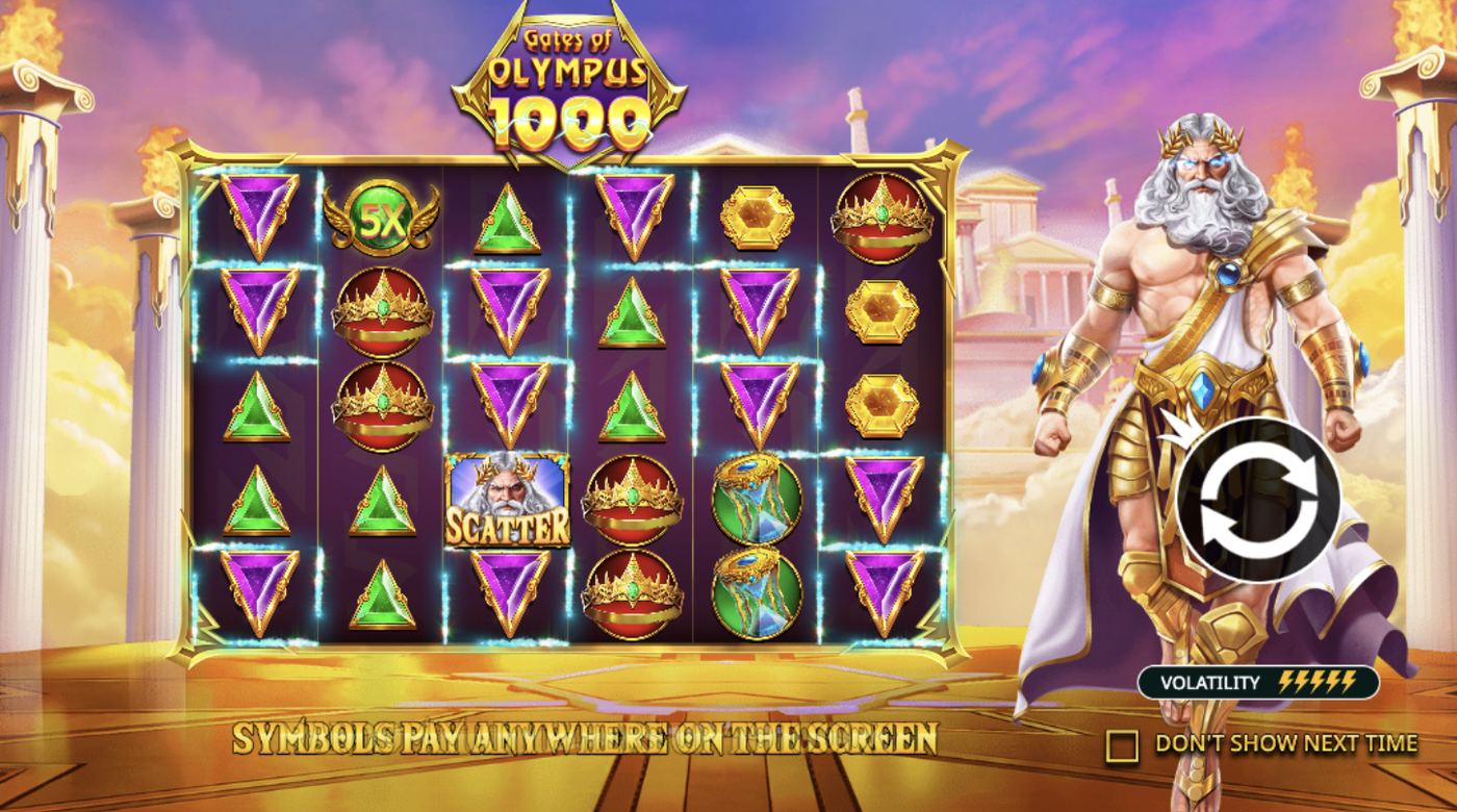 Gates of Olympus 1000 base game showing the 6x5 grid with Zeus, scatter symbol, and 5x multiplier orb