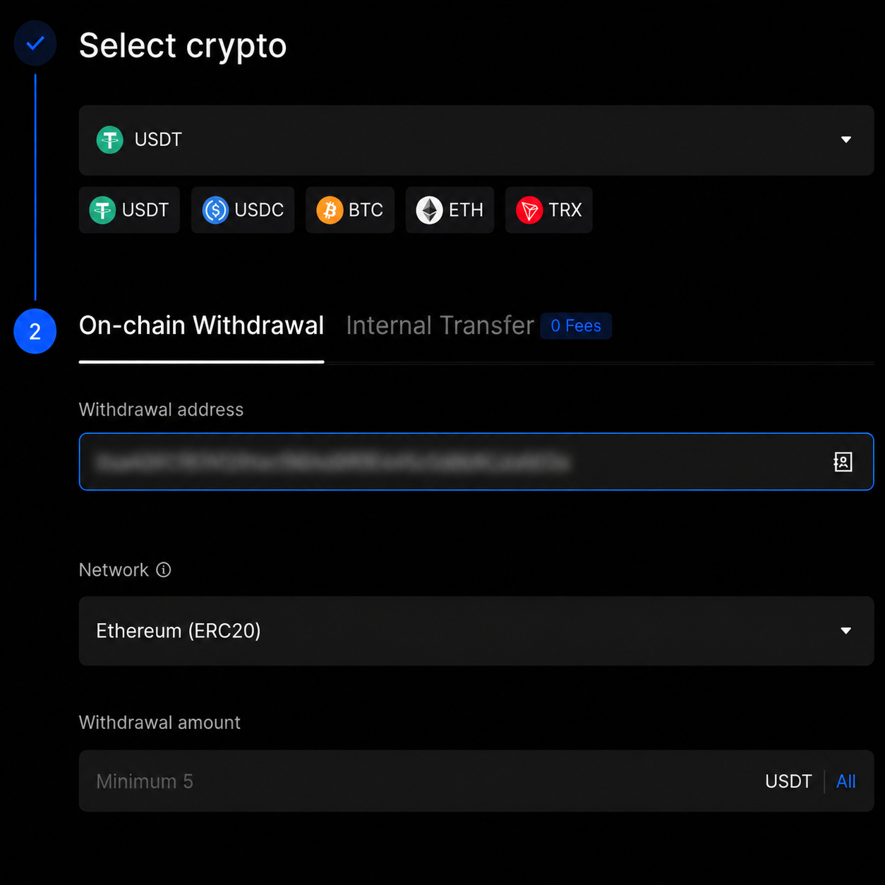 Exchange withdrawal screen showing USDT on-chain withdrawal with address and network fields