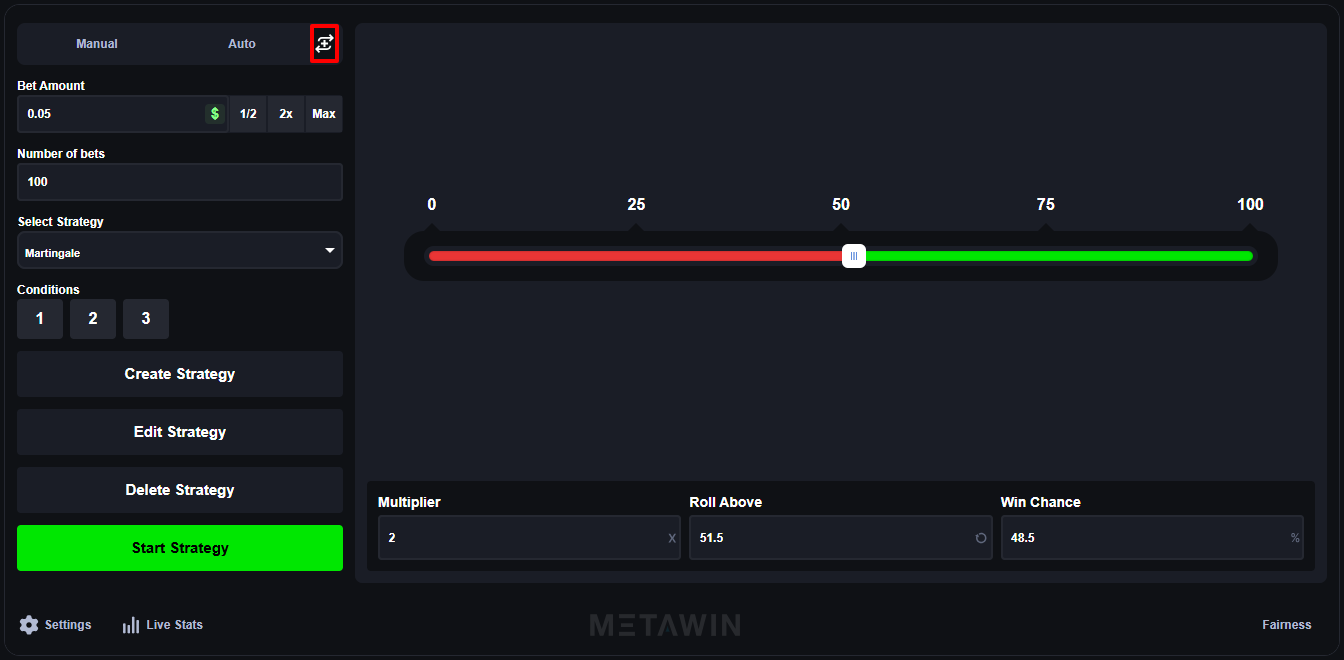MetaWin Dice strategy panel showing Select Strategy dropdown with Martingale preset and condition buttons