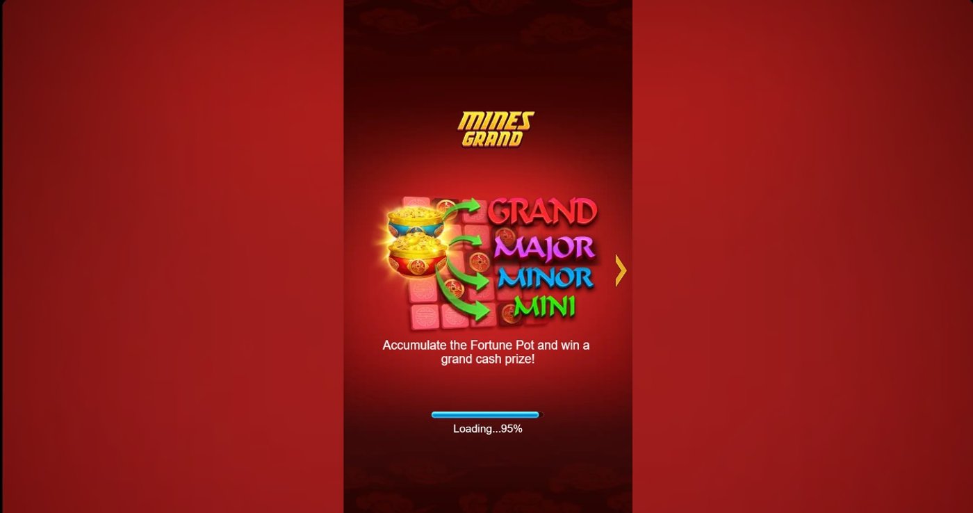 Mines Grand loading screen showing the Grand, Major, Minor and Mini jackpot tiers