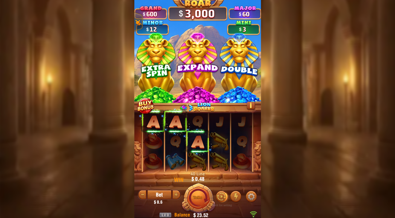 3 Lion Roarrr slot gameplay showing expanding grid with lion symbols and jackpot values