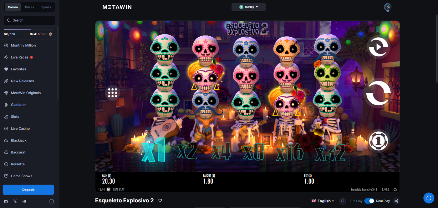 Esqueleto Explosivo 2 gameplay at MetaWin showing skeletal mariachi symbols and Mucho Multiplier