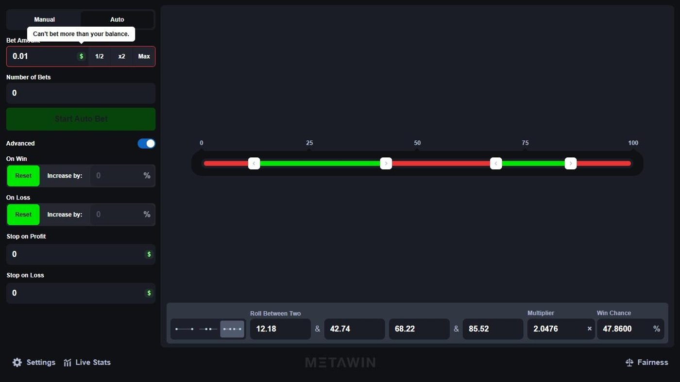 Prime Dice Auto Bet panel with Roll Between Two mode and advanced stop-loss settings